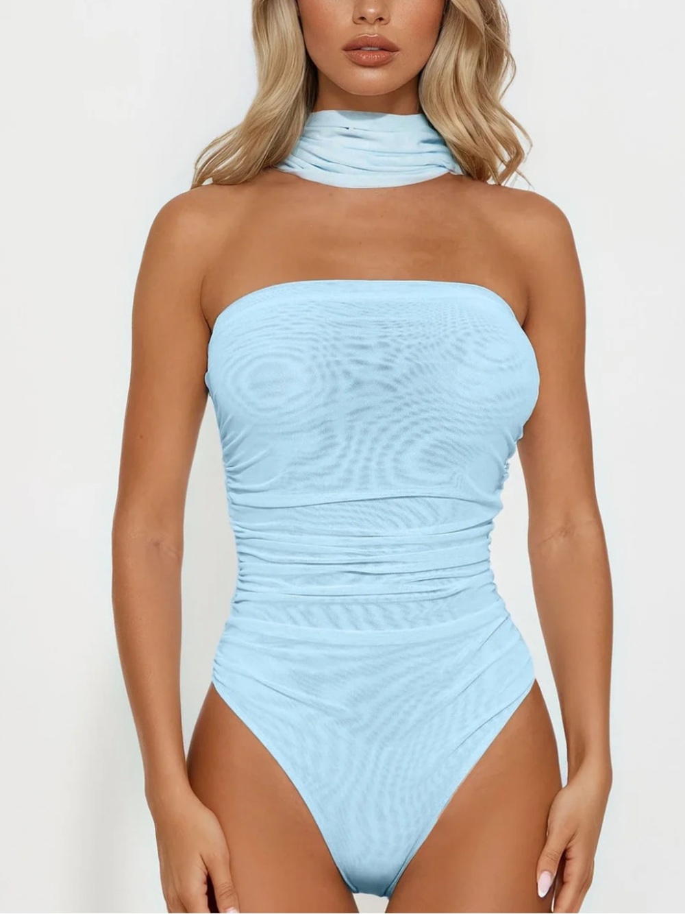 Fashion Nova Light Blue Strapless Bodysuit with Neck Scarf